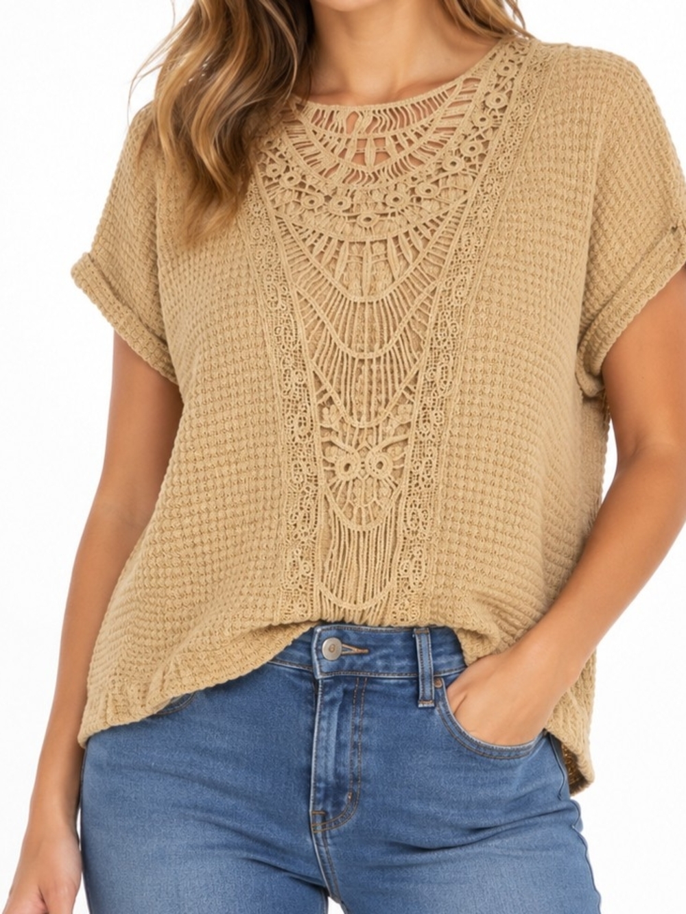 Woven Crochet Front Short Sleeve   Top - Beige